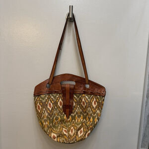 PATRICIA NASH Italian Leather Southwestern Boho Canvas Bucket Shoulder Tote Bag